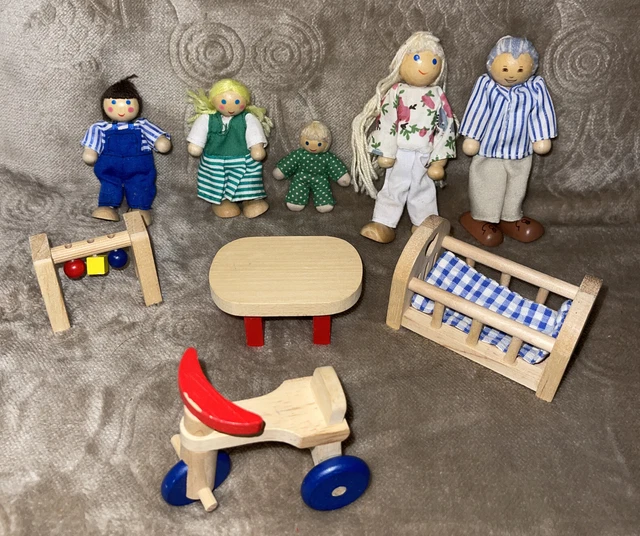 Ryans Room Wooden Toys 5 Figures w/ Crib, Table, Tricycle, Baby Activity Set EUC