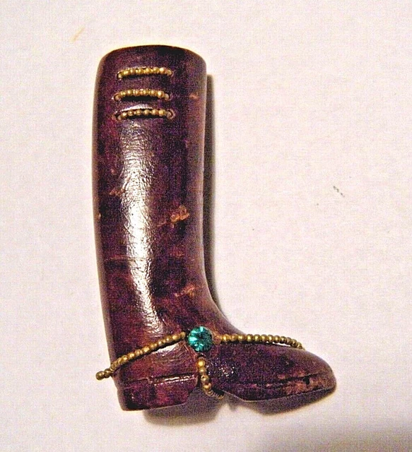 Vintage 60s Equestrian English Horse Rider Boot Carved Wood Rhinestone Wire Pin