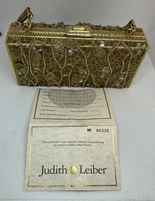 Judith Leiber Gold Floral Beaded Sequins Rhinestones Evening Clutch Bag COA Incl