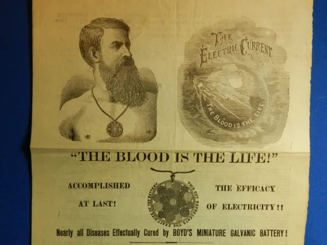 1879 Medical Quackery Advert.: ELECTRIC CURRENT, THE BLOOD IS THE LIFE (Battery)