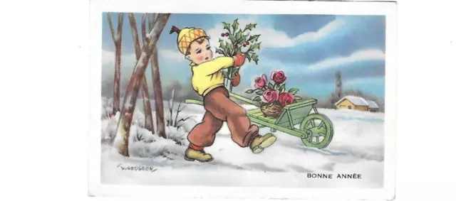 jolie CP carte postale vœux illustrateur petit garçon cueillette du houx neige
