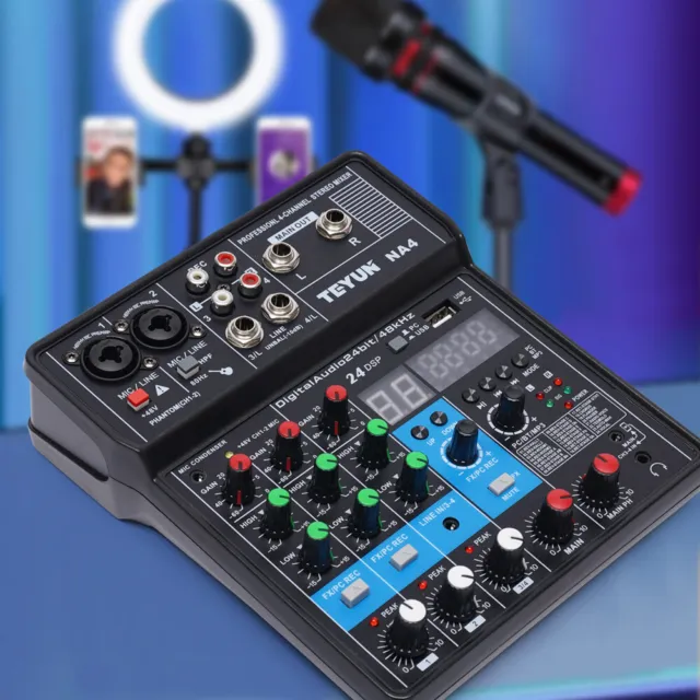 Mini Audio Mixer Bluetooth USB DJ Console 4 Channel Karaoke Live Studio 24DSP US