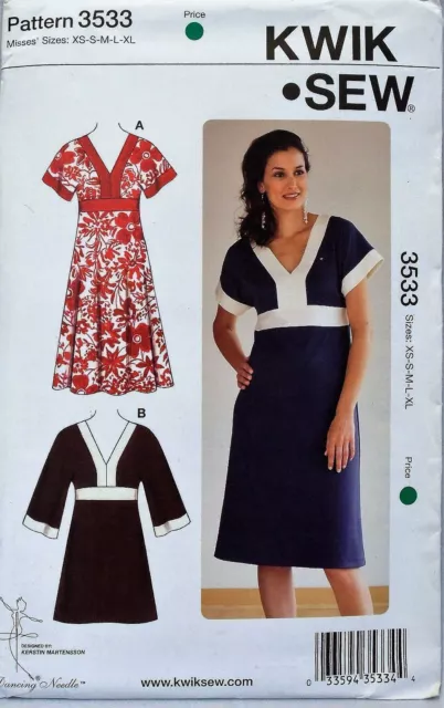 KwikSew Pattern #3533  Misses Tunic & Dress V-Neck Back Ties Size (XS-S-M-L-XL)