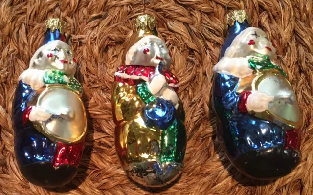 Set of 3 Vintage 3.5" Hand-Blown Glass Musician Clown Ornaments