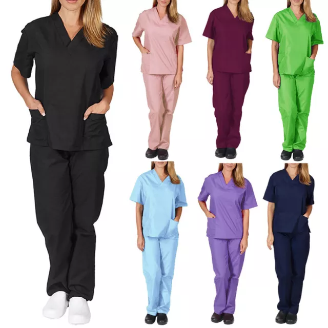 2Pcs Men Women Scrub Suit Hospital Doctor Nurse Medical Working Uniform Workwear