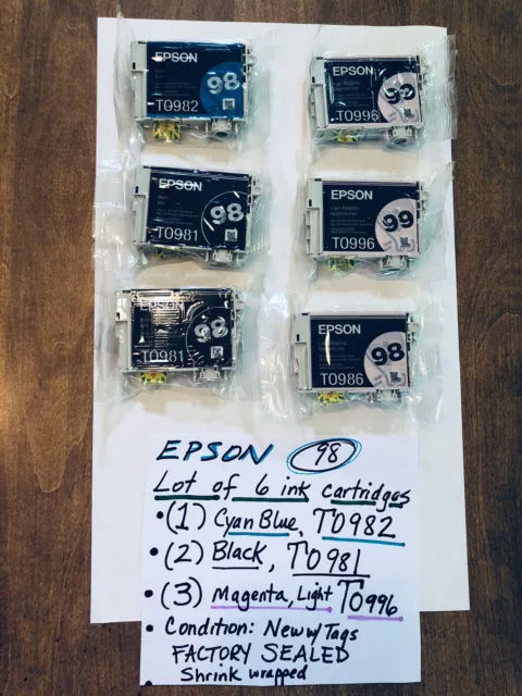 6 NEW Genuine EPSON 98 Ink CYAN (1) MAGENTA (3), BLACK (2) Cartridges sealed