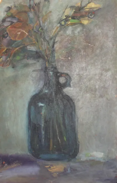 Vintage modernist oil painting still life with flowers and bottle