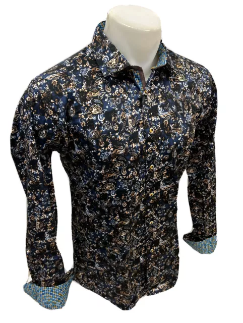 MEN LONG SLEEVE COLORFUL BLUE PAISLEY  Button Down Dress SHIRT SILKY PARTY GSL-4