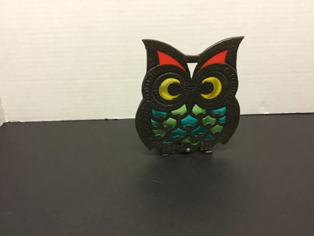 VINTAGE Stained Glass Owl 1960s-70s Cast Iron Napkin Holder Retro 5”H Taiwan