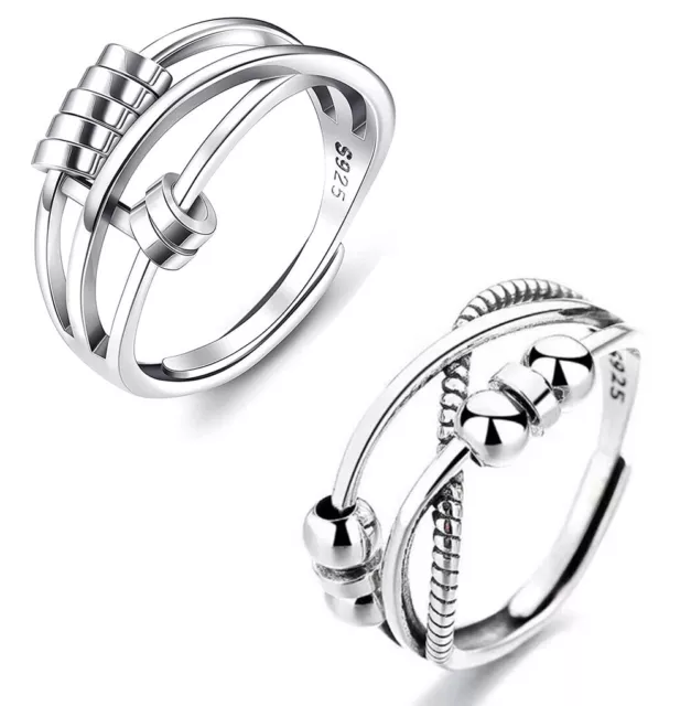 Womens Anxiety Rings 925 Sterling Silver Fidget Ring Spinner Stress Relief Band