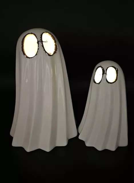 Set of 2 Martha Stewart Ceramic LED Light Up Spooky Ghosts Halloween Decor