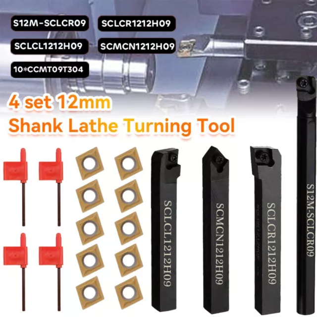 4Set 12mm Shank Lathe Turning Tool Holder Boring Bar 10*Carbide Insert Blades UK