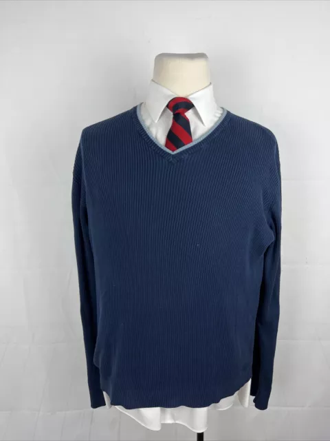 Barney's New York Men's Navy Blue Striped Silk Blend V Neck Sweater L $125