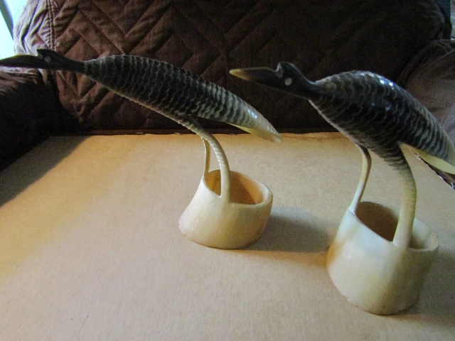 Hand Carved  Pair of Horn Bird Figurines 6" Tall Folk Art Exc. Cond. 