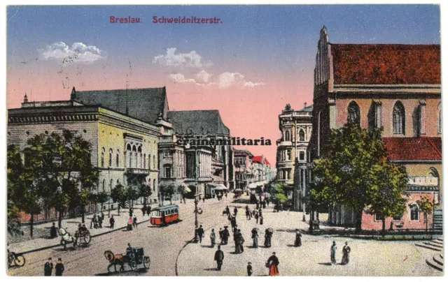 Orig. AK Postkarte BRESLAU Schweidnitzerstrasse Strassenbahn Polen gel. 1920