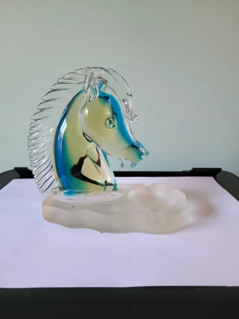 A Vintage Murano? Blue &  Clear Glass Ashtray With A Horse's Head: 6" Tall: Vgc