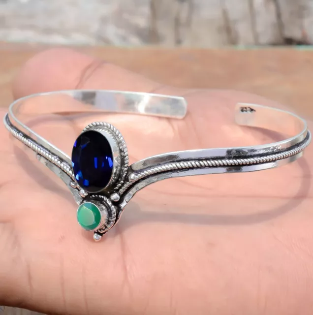 Bracelet en pierres précieuses bleu tanzanite, onyx vert bijoux manchette...