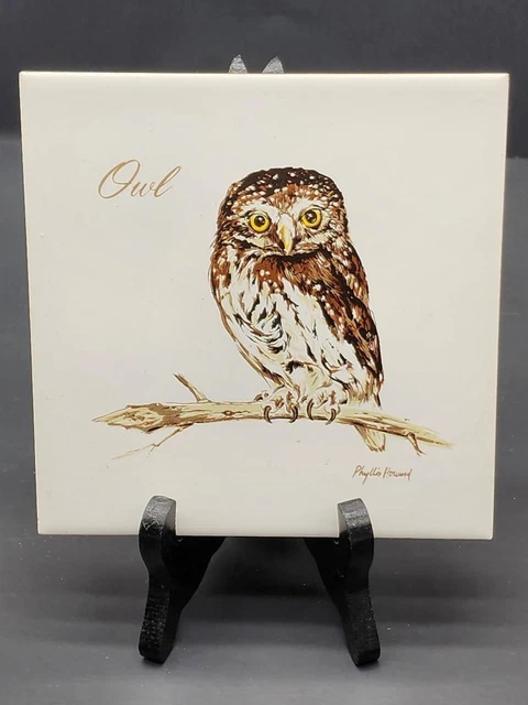 OWL Vintage TILE Screencraft Hand Decorated USA 6" X 6" CORK Back
