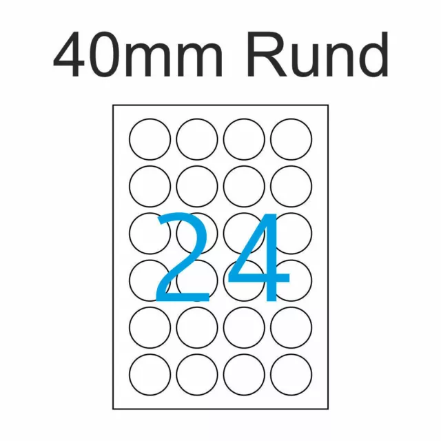 Universal Etiketten 40 mm Rund auf DIN A4 Bogen Selbstklebend Aufkleber Weiß 4x6