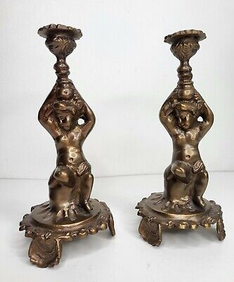 Pair Vintage Solid Bronze 8” Figural Cherub Candlestick Holder Children