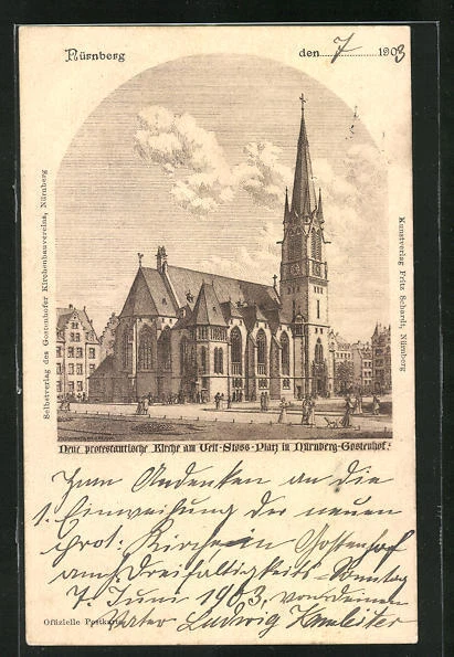 AK Nürnberg-Gostenhof, Neue Protestantische Kirche am Veit-Stoss-Platz 1903