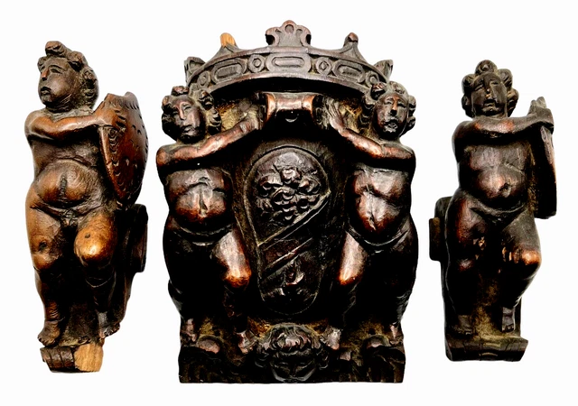 Antique PUTTI CHERUB ANGEL 3pc Carved WOOD CROWN Wooden ART FIGURES Wall Decor