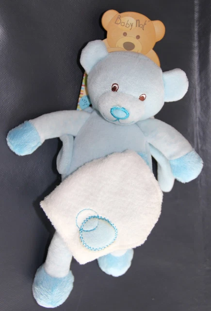 Doudou Ours  Bleu Mouchoir Blanc Baby Nat' Babynat Neuf