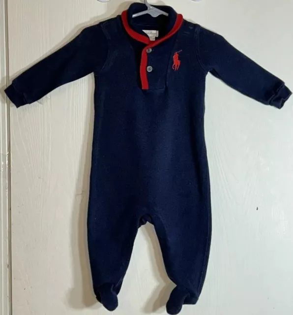 Ralph Lauren Baby Boy 6M One Piece Outfit Navy Blue Footie Collar Red Trim Logo