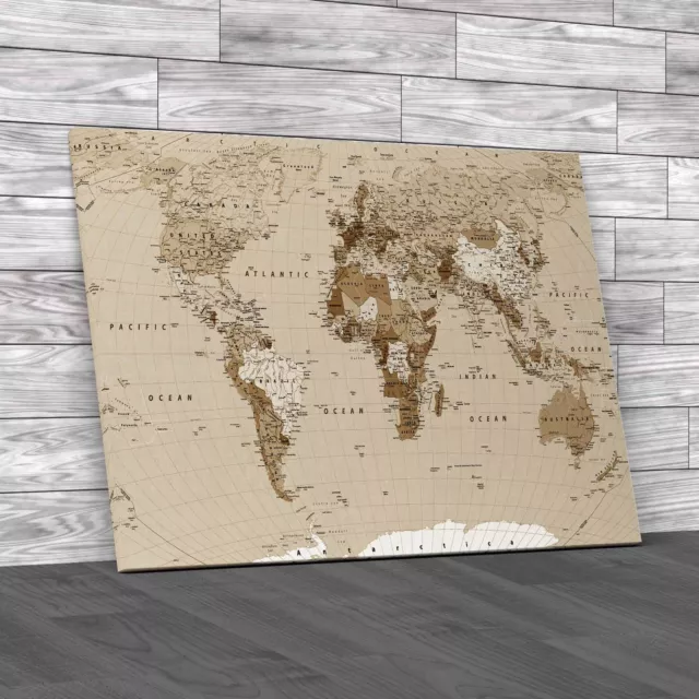 World Map High Detail Sepia Canvas Print Large Picture Wall Art