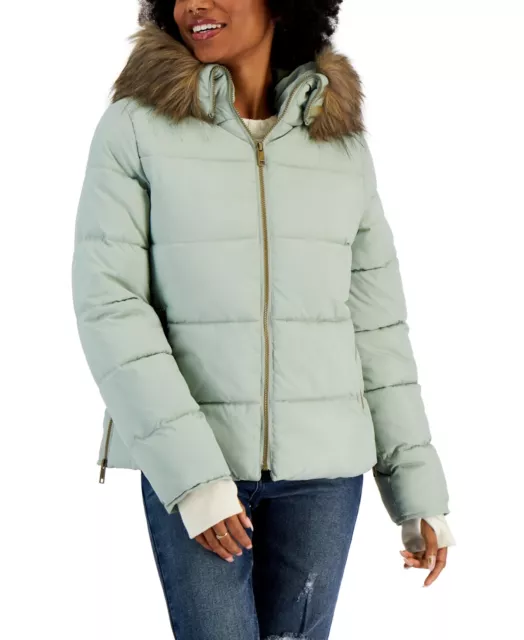 Maralyn & Me PISTACHIO GREEN Juniors' Faux-Fur-Trim Hooded Puffer Coat, XS