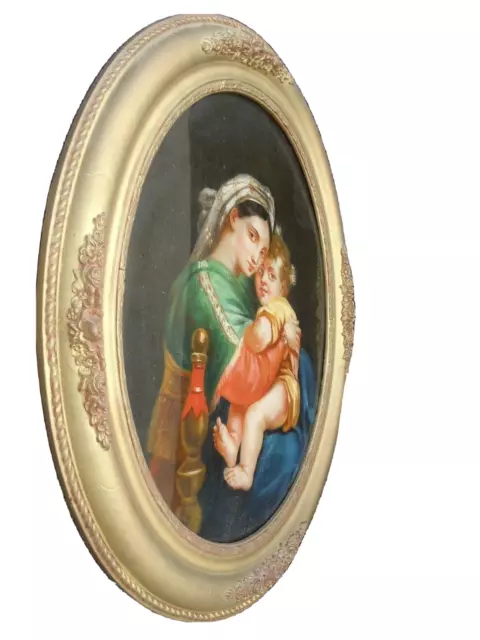 Tableau peinture gouache vierge à l'enfant anges époque 19ème