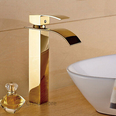 Gold Brass Single Handle Bathroom Vessel Sink Faucet Waterfall Tall Mixer Taps