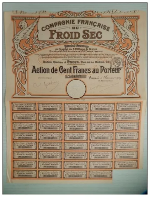 Ancienne action de 100F COMPAGNIE FRANCAISE DU FROID SEC de 1919