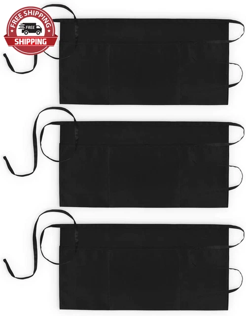 3 Pack 100% Cotton Waist Apron with 3 Pockets Waitress Server Half Short Waiter