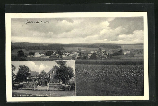 AK Oberroßbach, Straßenpartie am Kriegerdenkmal, Gesamtansicht vom Ort