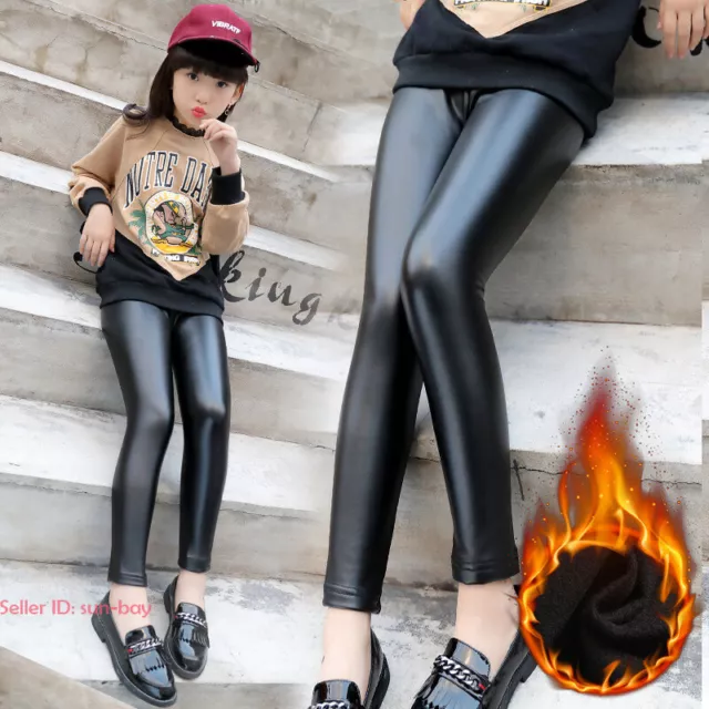 Kids Girls Warm Stretchy Leather Leggings Fleece Lined Pants Thermal Trousers