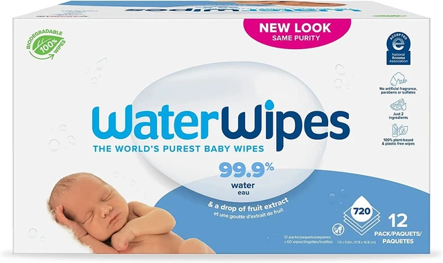 WaterWipes Plastic-Free Original Baby Wipes, 99.9% 720 Count (Pack of 12)