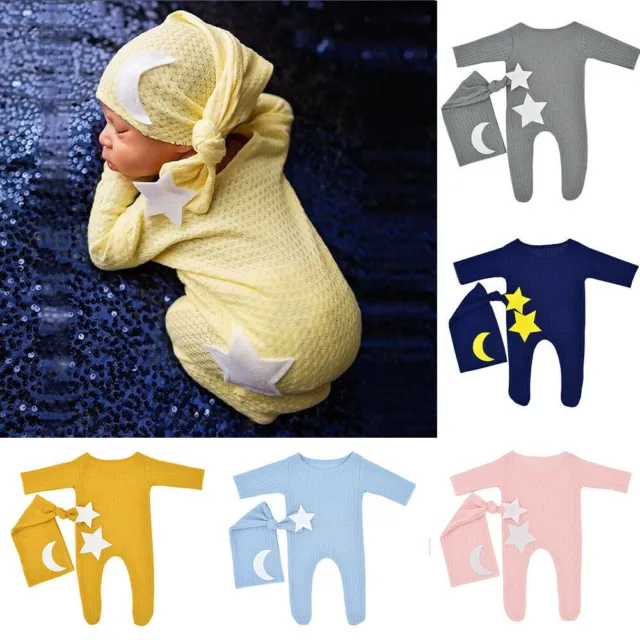 Newborn Baby Clothes Caps Knit Photography Prop Costume Star Moon Hat Romper Set