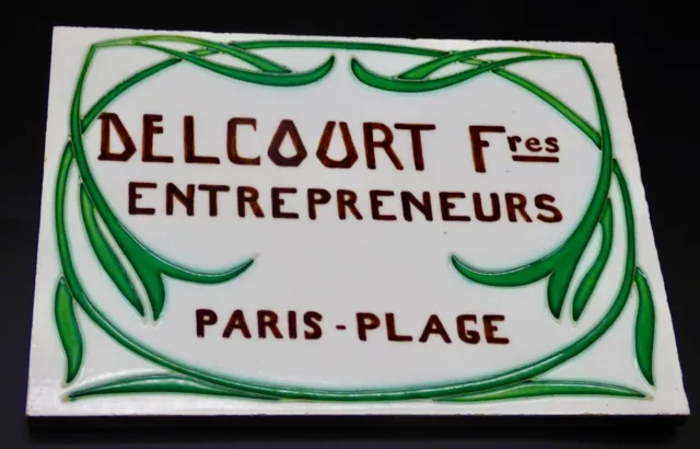 RARE Building Company Sign Art Nouveau Tile french DESVRES Delcourt Paris Plage