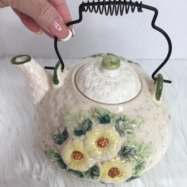 Antique MAJOLICA Art Pottery Flower KETTLE Metal Handle Japan