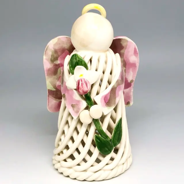 Italy Woven Pottery Angel Figurine Christmas Hand Painted Flower Signed Vintage