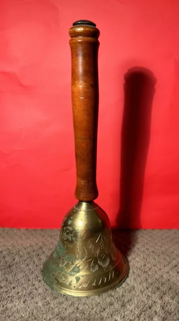 Vintage Brass Hand Held School Teacher Dinner Bell with Wood Handle Unpolished