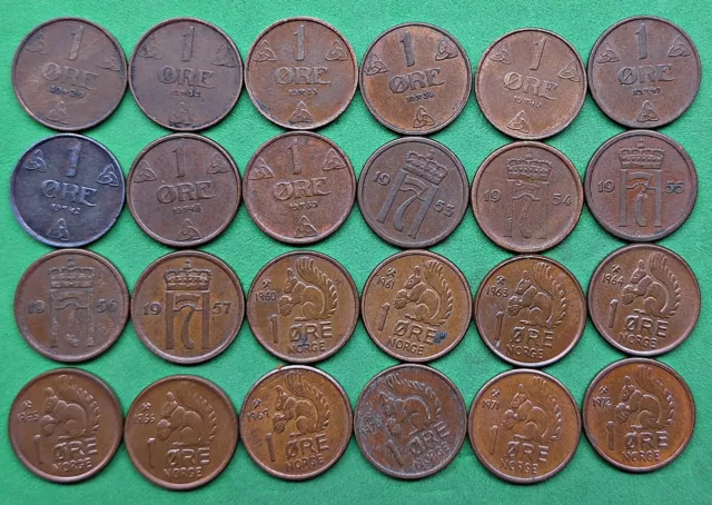 Lot of 24 Different Old Norway 1 ore Coins 1929-1972 Vintage World Foreign !!