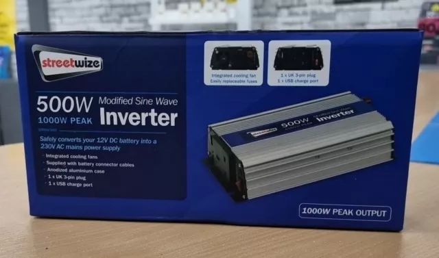 Streetwize SWINV500 Modified Sine Wave Inverter 500W 1000W Peak Power Converter