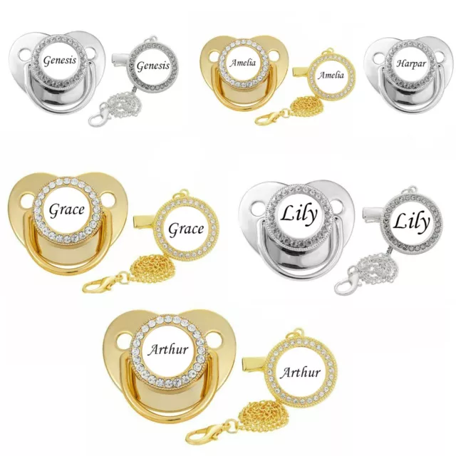 Personalized Pacifier Binky Gold silver Dummy With Chain Clip And Name