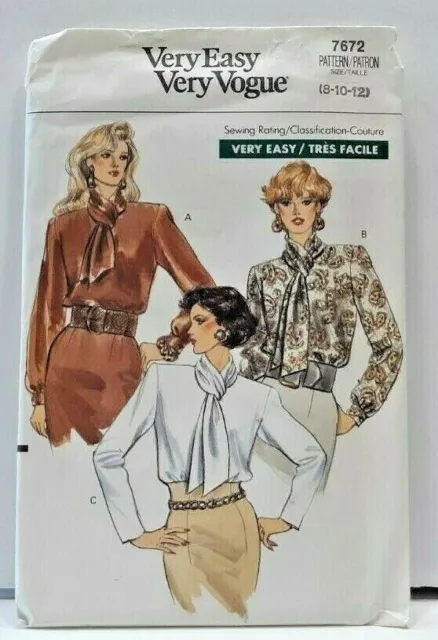 1989 Vogue Sewing Pattern 7672 Womens Blouse 3 Collar Lengths Size 8-12 Vtg 5664