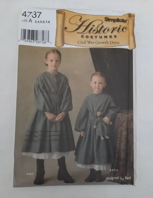 Simplicity 4737 Historic Costumes Civil War Growth Dress Size 3, 4, 5, 6, 7, 8