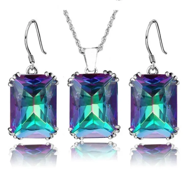 Fashion Women 925 Silver Jewelry Set Colorful Crystal Pendant Necklace Earrings