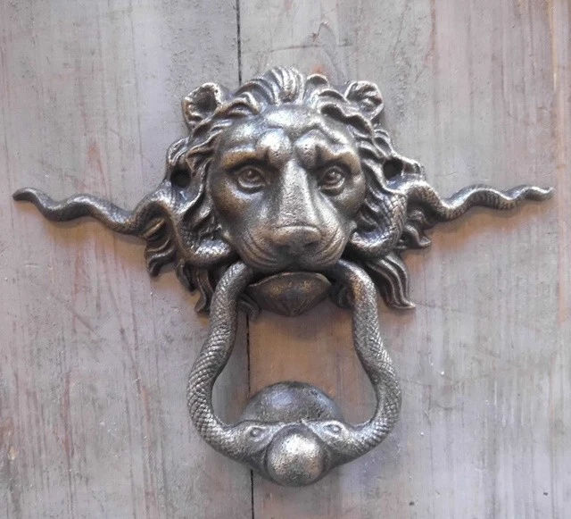 Lion Heurtoir de Porte Avec Serpents Antique Nostalgie Style Cottage Fonte Neuf