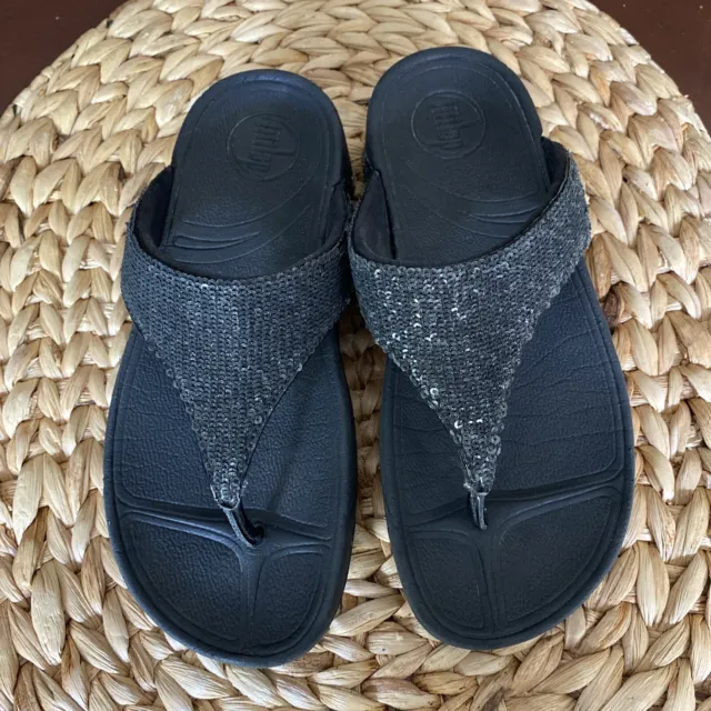 FitFlop Womens Sandals Thong Black Sequins Comfort Arch Platform sz 6